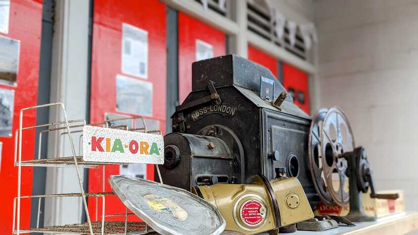 Examples of museum collections on display at the Broadway's entrance.
